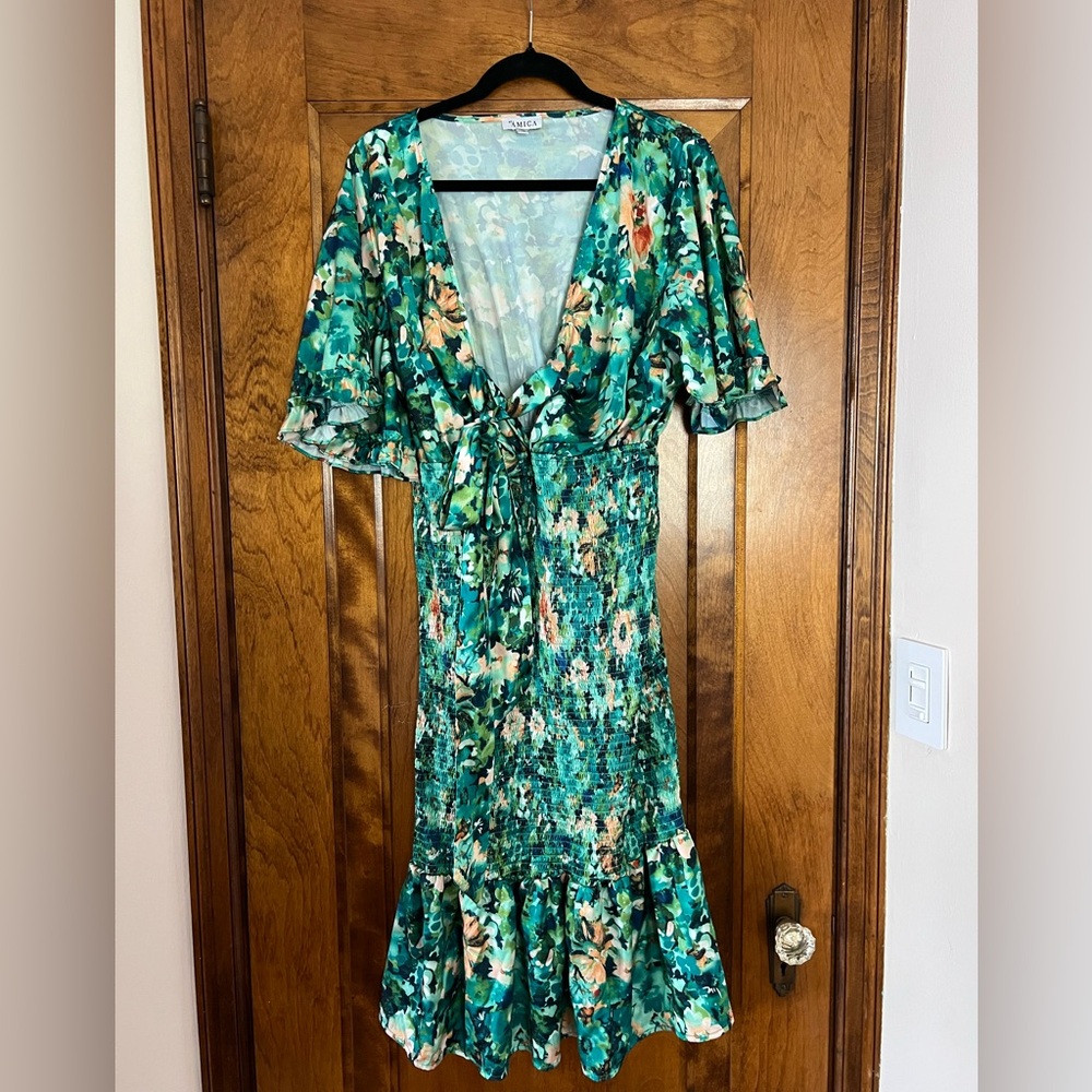 Vibrant Green Floral Midi Dress